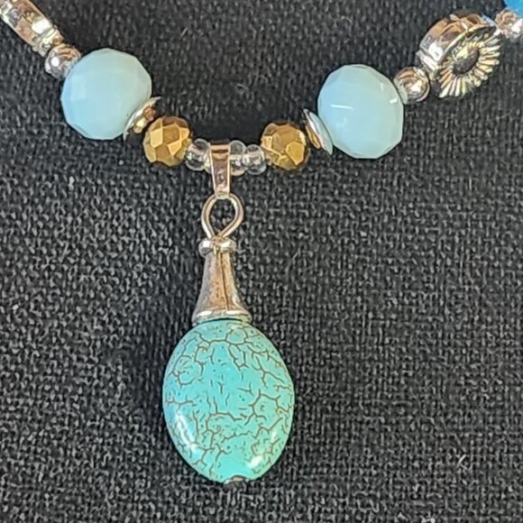 Blue and Gold Beaded Silver Tone Flower Faux Turquoise Pendant Boho 18" Necklace - Picture 3 of 16
